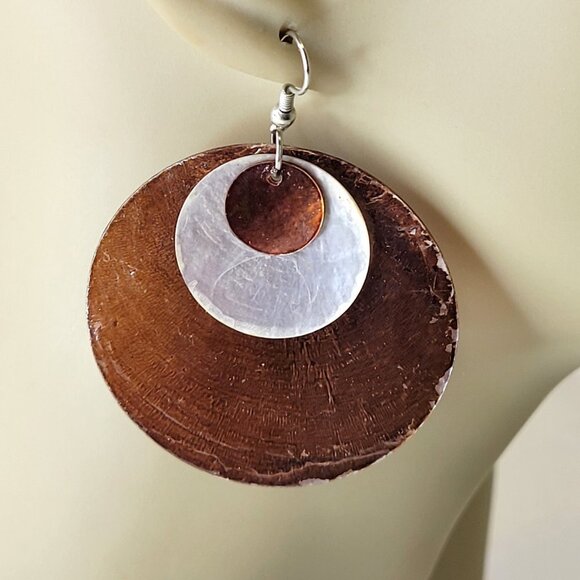 Shell Discs Metallic Copper Color Earrings Dangle Beach Boho Tribal Tropical - Picture 2 of 11